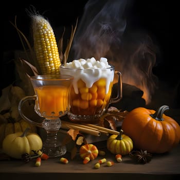 On a wooden table top and black background pumpkins corn kernels and juice. Corn as a dish of thanksgiving for the harvest. An atmosphere of joy and celebration.