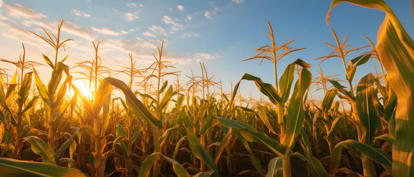 Cornfield at sunset, banner with space for your own content. Blurred background. Blank space for caption.