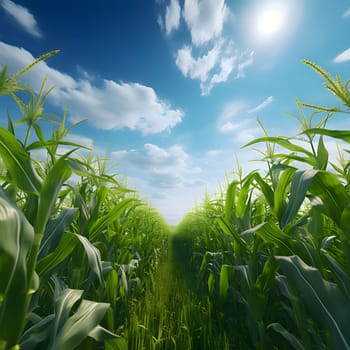 A grassy path along a corn field. Corn as a dish of thanksgiving for the harvest. An atmosphere of joy and celebration.