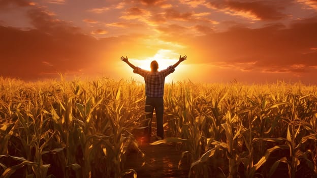 The back of a man with his hands raised against a sunset background in a cornfield. Corn as a dish of thanksgiving for the harvest. An atmosphere of joy and celebration.