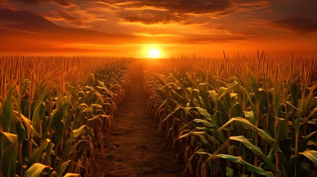 A corn field stretching to the horizon at sunset. Corn as a dish of thanksgiving for the harvest. An atmosphere of joy and celebration.