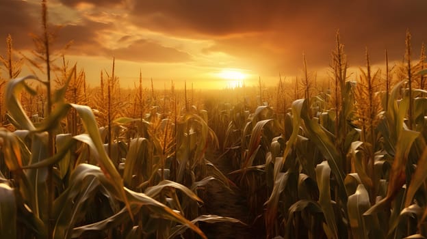 A corn field stretching to the horizon at sunset. Corn as a dish of thanksgiving for the harvest. An atmosphere of joy and celebration.