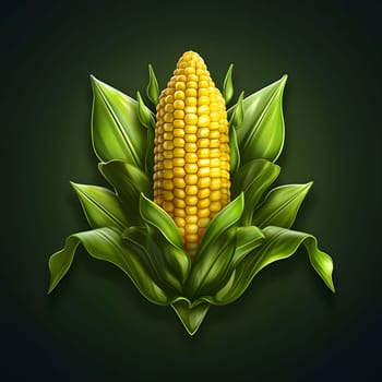 Cob of corn in green Leaf on a solid dark background. Corn as a dish of thanksgiving for the harvest. An atmosphere of joy and celebration.