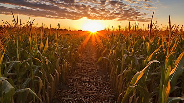 A corn field stretching to the horizon at sunset. Corn as a dish of thanksgiving for the harvest. An atmosphere of joy and celebration.