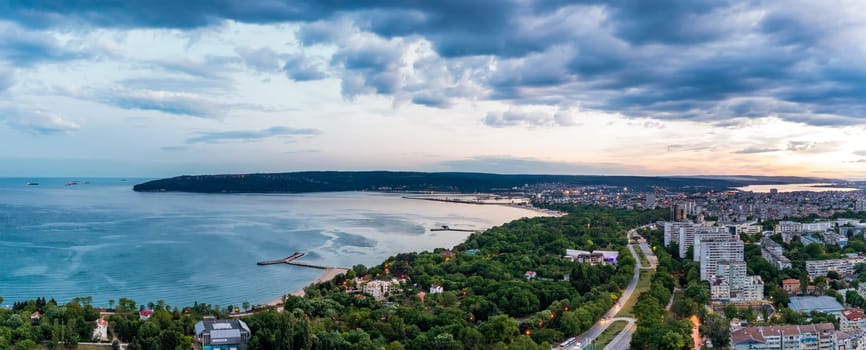 Stunning aerial panoramic view of coast and Varna city, Bulgaria after sunset