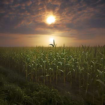 The sun behind the clouds over a cornfield. Corn as a dish of thanksgiving for the harvest. An atmosphere of joy and celebration.