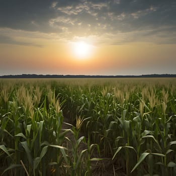 The sun behind the clouds over a cornfield. Corn as a dish of thanksgiving for the harvest. An atmosphere of joy and celebration.