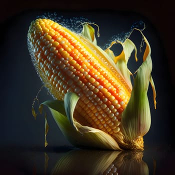 Large thick yellow corn cob with leaf with reflection at the base dark background. Corn as a dish of thanksgiving for the harvest. An atmosphere of joy and celebration.