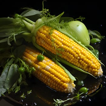 Two yellow corn cobs in leaf green on black background around water. Corn as a dish of thanksgiving for the harvest. An atmosphere of joy and celebration.