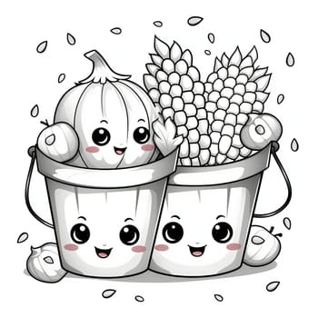 Black and White coloring book cheerful buckets with smiles, and in them corn cobs and pumpkin. Corn as a dish of thanksgiving for the harvest, picture on a white isolated background. An atmosphere of joy and celebration.