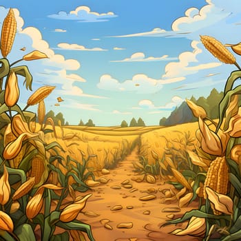 Illustration of a field of corn in autumn. Corn as a dish of thanksgiving for the harvest. An atmosphere of joy and celebration.