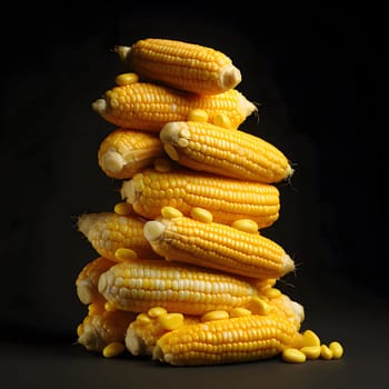 A pile of corn cobs on a black background. Corn as a dish of thanksgiving for the harvest. An atmosphere of joy and celebration.