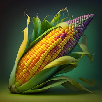 Colorful corn cob in green leaf on green background. Corn as a dish of thanksgiving for the harvest. An atmosphere of joy and celebration.