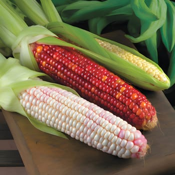 Three cobs of corn; White Red and yellow. Corn as a dish of thanksgiving for the harvest. An atmosphere of joy and celebration.