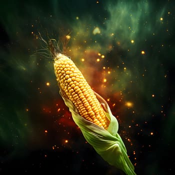 Yellow cob, corn with green leaf on the background of the universe cosmos. Corn as a dish of thanksgiving for the harvest. An atmosphere of joy and celebration.