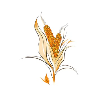 Modern logo leaves with two corn cobs isolated on white background. Corn as a dish of thanksgiving for the harvest. An atmosphere of joy and celebration.