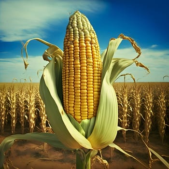 A giant corn cob against the background of a corn field. Corn as a dish of thanksgiving for the harvest. An atmosphere of joy and celebration.