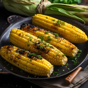 Yellow corn cobs with spices sprinkle scientific vegetable as decoration smudged background. Corn as a dish of thanksgiving for the harvest. An atmosphere of joy and celebration.