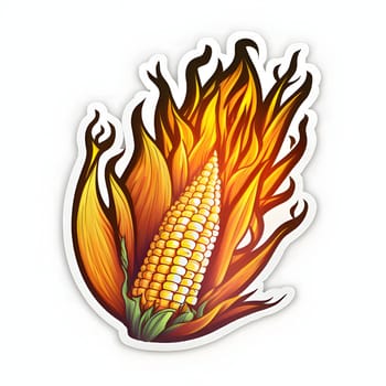 Sticker corn cob on a background of flames of fire. Corn as a dish of thanksgiving for the harvest, a picture on a white isolated background. An atmosphere of joy and celebration.