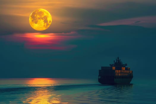 A dramatic silhouette of a cargo ship sailing across a calm ocean under a full moon