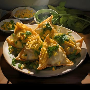 Roasted corn cobs on a plate. Corn as a dish of thanksgiving for the harvest. An atmosphere of joy and celebration.