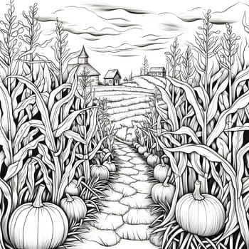 Black and White coloring book corn field with pumpkins, with houses in the background. Corn as a dish of thanksgiving for the harvest, a picture on a white isolated background. An atmosphere of joy and celebration.