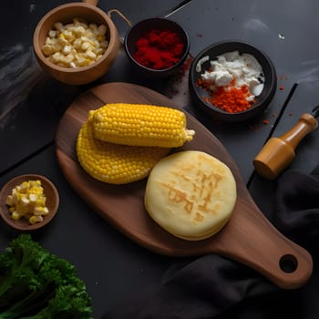 Wooden kitchen board and on it a cob of corn around spices. Corn as a dish of thanksgiving for the harvest. An atmosphere of joy and celebration.