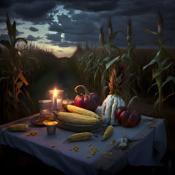 A field of corn at night, and in the midst of it a table covered with a tablecloth with candle corn cobs, pumpkins. Corn as a dish of thanksgiving for the harvest. An atmosphere of joy and celebration.