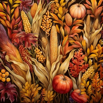 Elegant and modern. Corns, cobs, leaves, pumpkins, as abstract background, wallpaper, banner, texture design with pattern - vector. Dark colors.