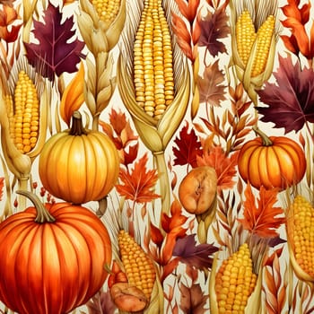 Elegant and modern. Corns, cobs, leaves, pumpkins, as abstract background, wallpaper, banner, texture design with pattern - vector. White colors.