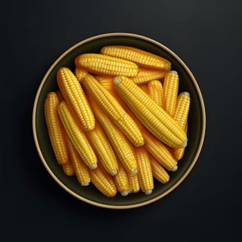 Yellow corn cobs in a bowl, top view. Corn as a dish of thanksgiving for the harvest, picture on a dark isolated background. An atmosphere of joy and celebration.
