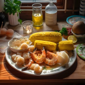 Yellow corn cobs and shrimps on a plate. Corn as a dish of thanksgiving for the harvest. An atmosphere of joy and celebration.