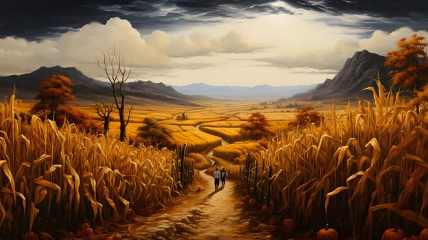 A view of a corn field stretching to the tops of the mountains and two people walking along a path. Corn as a dish of thanksgiving for the harvest. An atmosphere of joy and celebration.