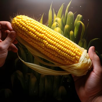 Yellow Cob of Corn Held in the Hands. Corn as a dish of thanksgiving for the harvest. An atmosphere of joy and celebration.