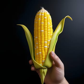 Yellow cob, corn held in hand on dark background. Corn as a dish of thanksgiving for the harvest. An atmosphere of joy and celebration.