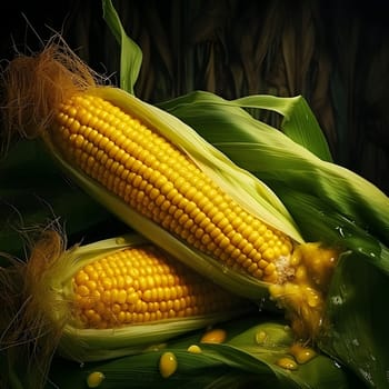 Two lying corn cobs. Corn as a dish of thanksgiving for the harvest. An atmosphere of joy and celebration.