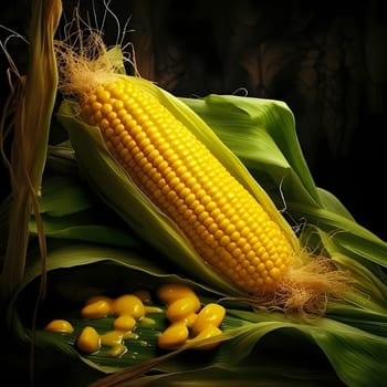 A large yellow corn cob laid on green leaves. Corn as a dish of thanksgiving for the harvest. An atmosphere of joy and celebration.