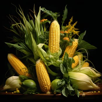 Autumn bouquet of corn cobs and harvest from the field on a black isolated background. Corn as a dish of thanksgiving for the harvest. An atmosphere of joy and celebration.