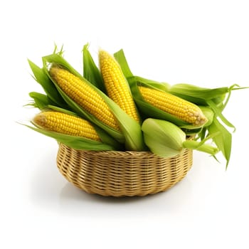 Yellow corn cobs with leaves in a wicker basket. Corn as a dish of thanksgiving for the harvest, picture on a white isolated background. An atmosphere of joy and celebration.