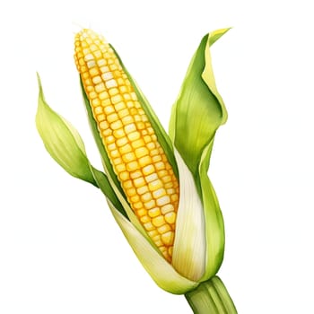 Painted yellow corn cob with green leaves. Corn as a dish of thanksgiving for the harvest, picture on a white isolated background. An atmosphere of joy and celebration.