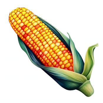 Yellow red cob, corn with leaves. Corn as a dish of thanksgiving for the harvest, picture on a white isolated background. An atmosphere of joy and celebration.