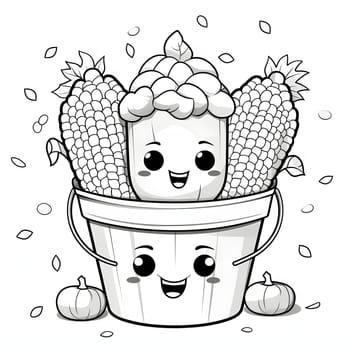 Black and White coloring book smiling bucket of corn cobs. Corn as a dish of thanksgiving for the harvest. An atmosphere of joy and celebration.