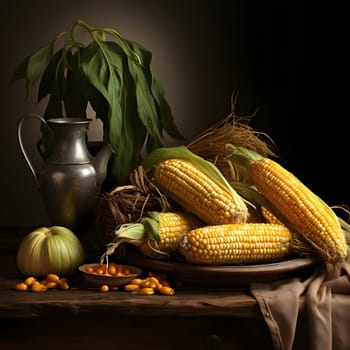 Yellow corn cobs on a plate next to a silver teapot plant small tomatoes. Corn as a dish of thanksgiving for the harvest. An atmosphere of joy and celebration.