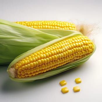 Two yellow corn cobs with leaves. Corn as a dish of thanksgiving for the harvest, picture on a white isolated background. An atmosphere of joy and celebration.
