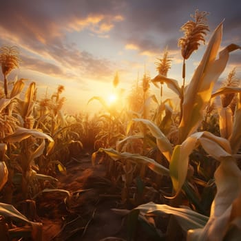 Corn field photo from inside at sunset. Corn as a dish of thanksgiving for the harvest, picture on a white isolated background. An atmosphere of joy and celebration.