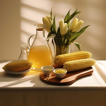 Two yellow corn cobs on a wooden kitchen board around a container of juice and Tulips. Corn as a dish of thanksgiving for the harvest, picture on a white isolated background. An atmosphere of joy and celebration.