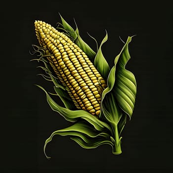 Illustration of yellow corn cob with leaves on black background. Corn as a dish of thanksgiving for the harvest. An atmosphere of joy and celebration.