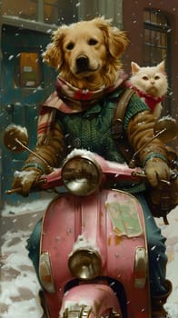 A carnivore dog and a companion cat are riding a pink scooter in the snow, creating a whimsical scene perfect for a photograph or artwork