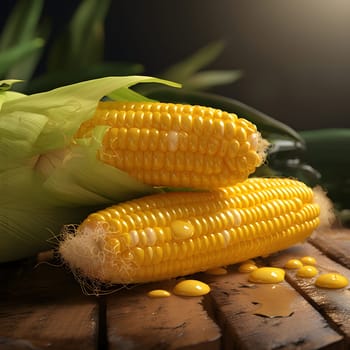 Two yellow corn cobs lying on a wooden table top. Corn as a dish of thanksgiving for the harvest. An atmosphere of joy and celebration.