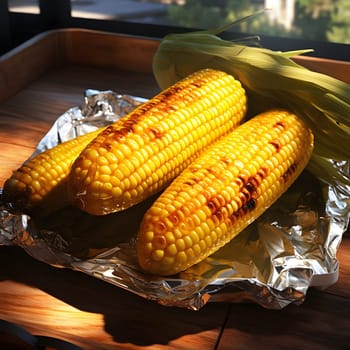 Yellow corn cobs on Aluminum Foil on a wooden tray. Corn as a dish of thanksgiving for the harvest. An atmosphere of joy and celebration.